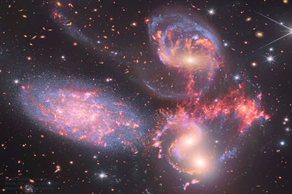 پنج قلوی استفان از دید تلسکوپ های جیمز وب، هابل و سوبارو 